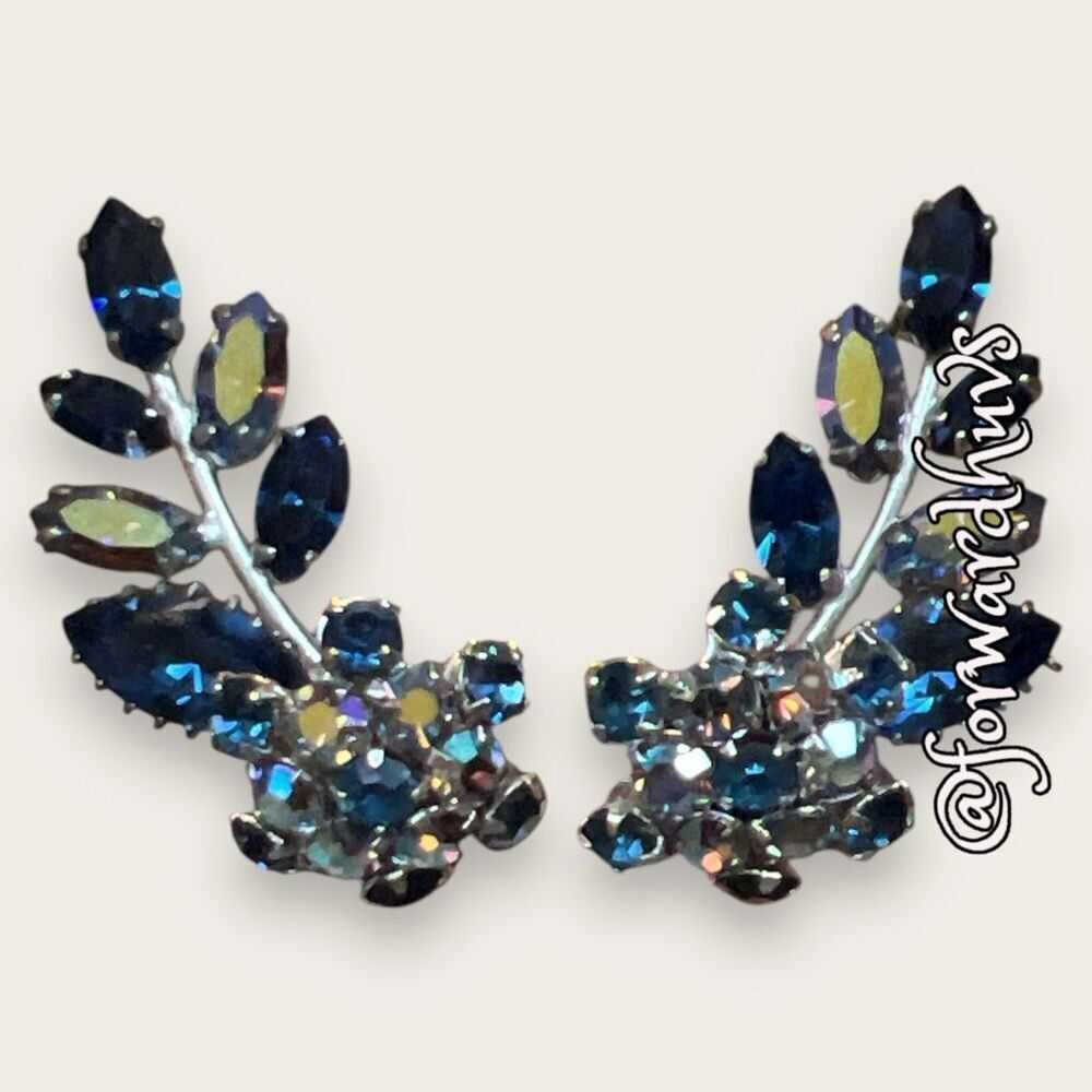 RARE AB Rhinestone Clip Earrings with Spring Attached Rhinestone Flower